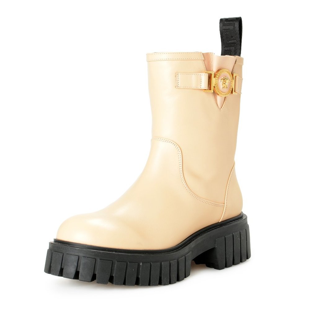 Versace Women's Beige Leather Gold Medusa Boots Shoes